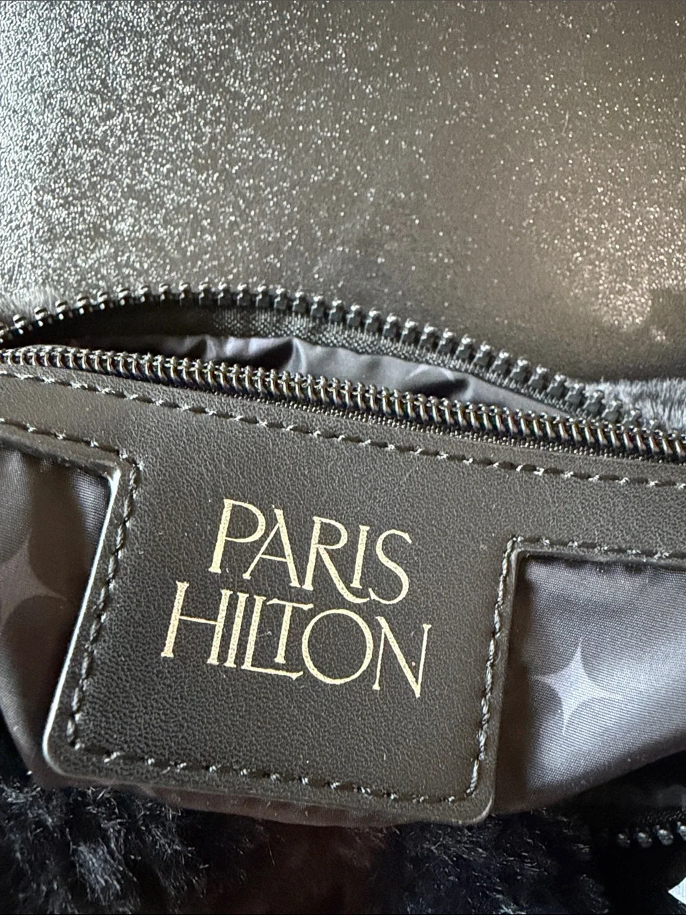 Paris Hilton Black Faux Forever Fur Baguette Bag with Silver Script